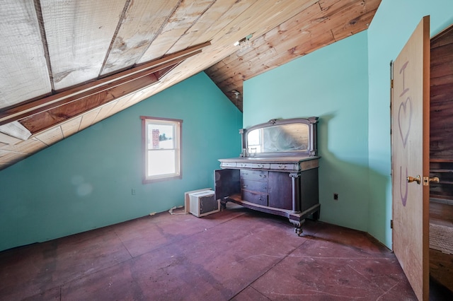 bonus room with wood ceiling, vaulted ceiling, and a wall mounted air conditioner