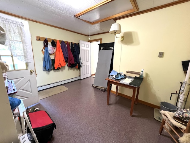 96 Exeter Rd, Garland, ME 04939 - miscellaneous room featuring attic access, baseboard heating, baseboards, and ornamental molding