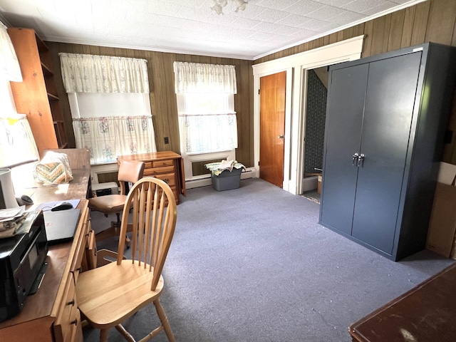 96 Exeter Rd, Garland, ME 04939 - office area featuring carpet flooring, wooden walls, a baseboard heating unit, a baseboard radiator, and ornamental molding