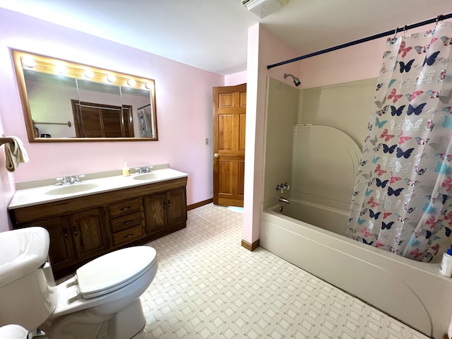 96 Exeter Rd, Garland, ME 04939 - full bath featuring toilet, shower / tub combo, tile patterned floors, double vanity, and baseboards