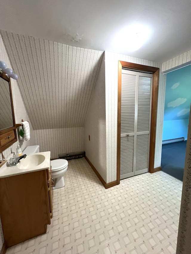 96 Exeter Rd, Garland, ME 04939 - bathroom featuring toilet, vanity, tile patterned floors, wallpapered walls, and a baseboard heating unit
