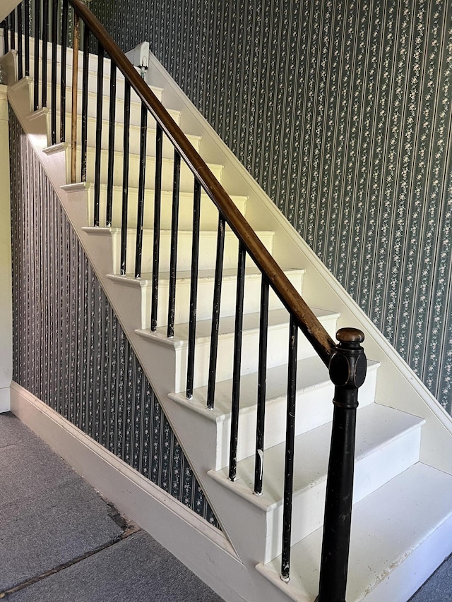 96 Exeter Rd, Garland, ME 04939 - staircase with wallpapered walls and carpet flooring