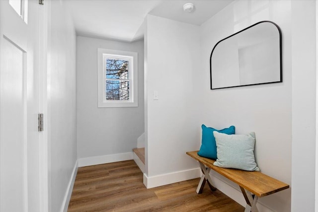 mudroom featuring wood finished floors and baseboards