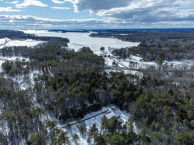 snowy aerial view featuring a water view and a forest view