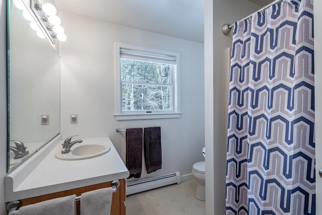 bathroom with a baseboard heating unit, a shower with shower curtain, vanity, and toilet