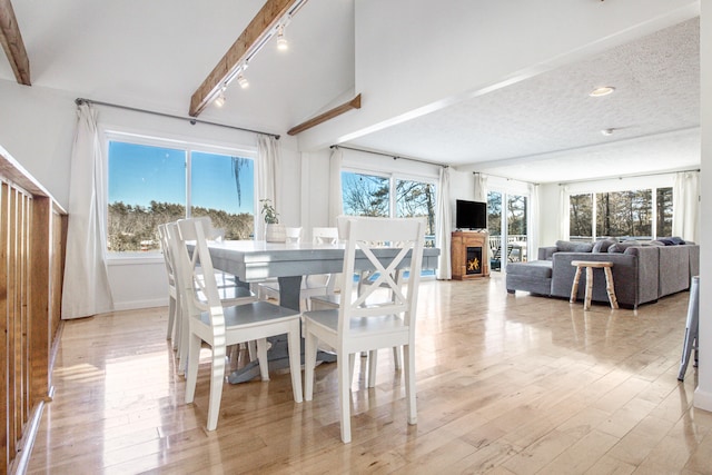dining space featuring light wood finished floors, a lit fireplace, and a wealth of natural light