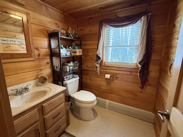 9 Ledge Dr, Greenville, ME 04441 - half bathroom with wooden walls, toilet, vanity, and wooden ceiling