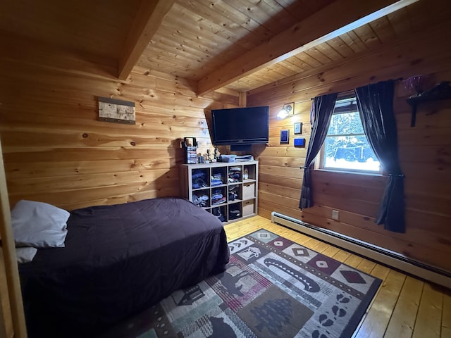 9 Ledge Dr, Greenville, ME 04441 - bedroom with wood walls, wooden ceiling, a baseboard heating unit, wood-type flooring, and beamed ceiling
