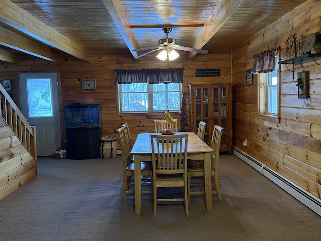 9 Ledge Dr, Greenville, ME 04441 - carpeted dining room featuring beamed ceiling, baseboard heating, wooden ceiling, and wooden walls