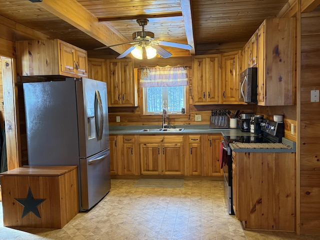 9 Ledge Dr, Greenville, ME 04441 - kitchen with stainless steel appliances, a sink, a ceiling fan, light floors, and wooden ceiling