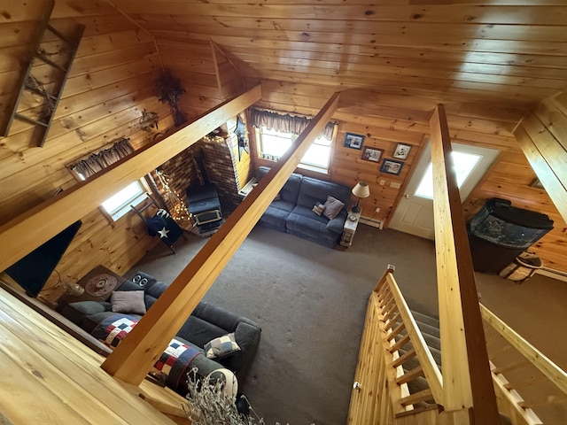 9 Ledge Dr, Greenville, ME 04441 - bonus room featuring lofted ceiling, wooden walls, wooden ceiling, and carpet floors
