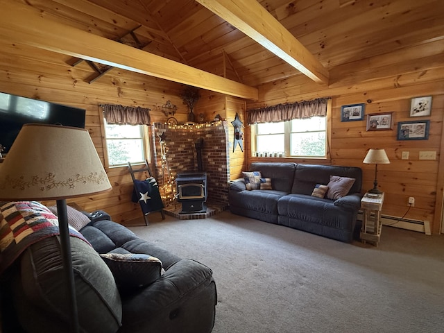 9 Ledge Dr, Greenville, ME 04441 - carpeted living room featuring baseboard heating, wood walls, a wealth of natural light, and a wood stove