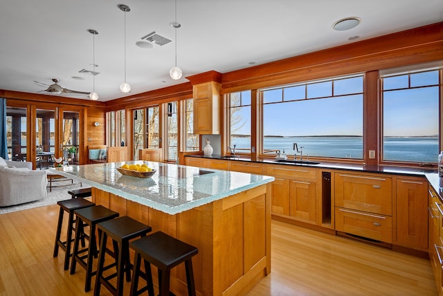 kitchen featuring a breakfast bar, a center island, a water view, light wood-style floors, and a sink