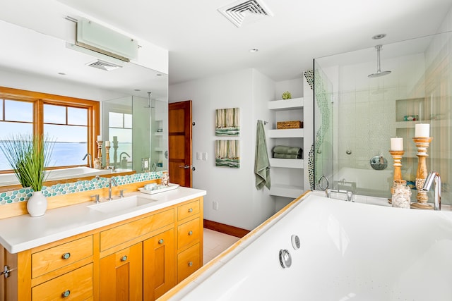 full bath with a stall shower, a soaking tub, and visible vents