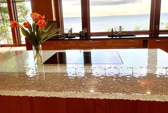 kitchen with brown cabinetry, a water view, a sink, and a wealth of natural light