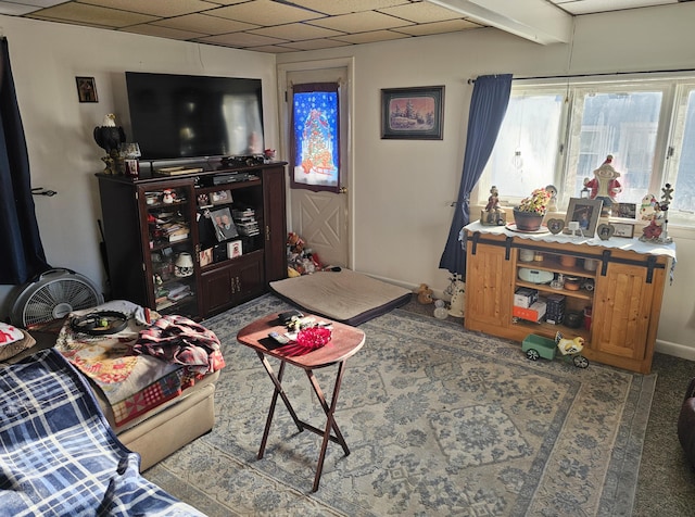 living room featuring a drop ceiling