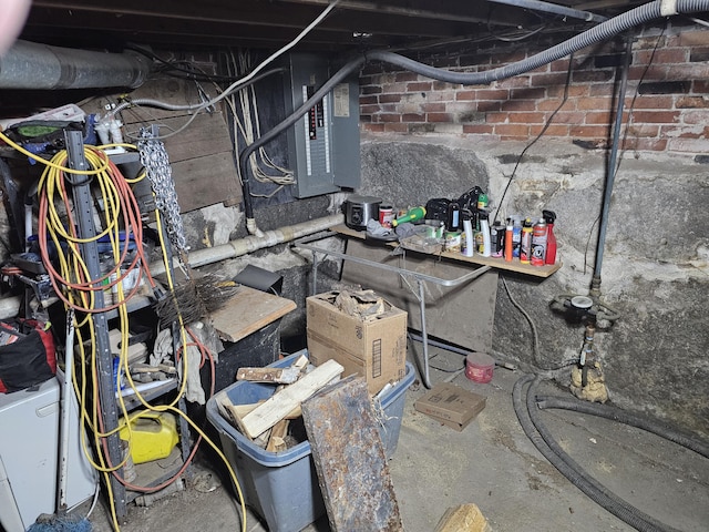 interior space with brick wall and electric panel