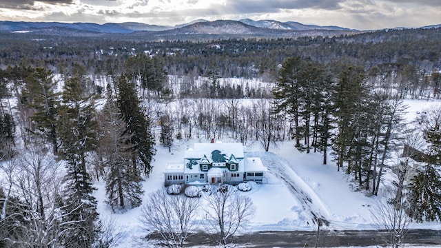 snowy aerial view with a mountain view