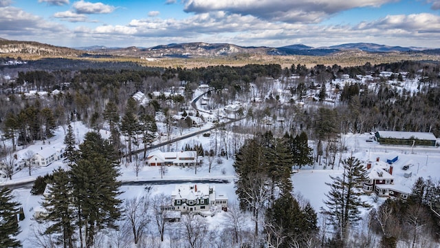 snowy aerial view with a mountain view