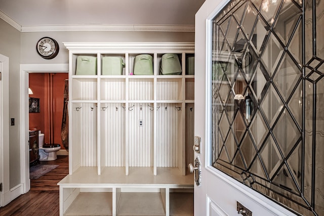 mudroom featuring ornamental molding and dark wood finished floors