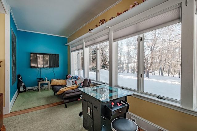 game room featuring carpet flooring, crown molding, and baseboards