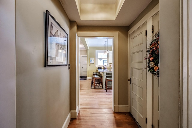 hall with baseboards and wood finished floors