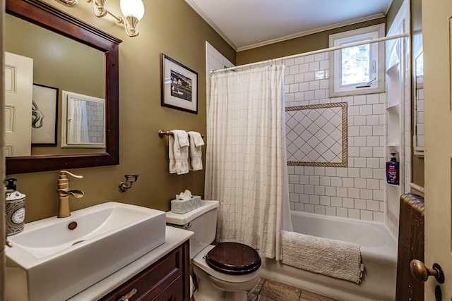 full bath with toilet, shower / bath combo, ornamental molding, and vanity