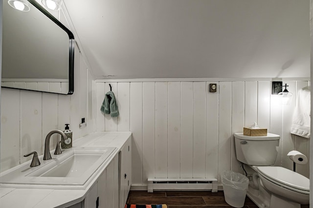 bathroom featuring toilet, a baseboard radiator, wood finished floors, and vanity