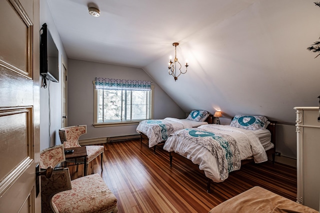 bedroom featuring a baseboard heating unit, vaulted ceiling, and dark wood-type flooring