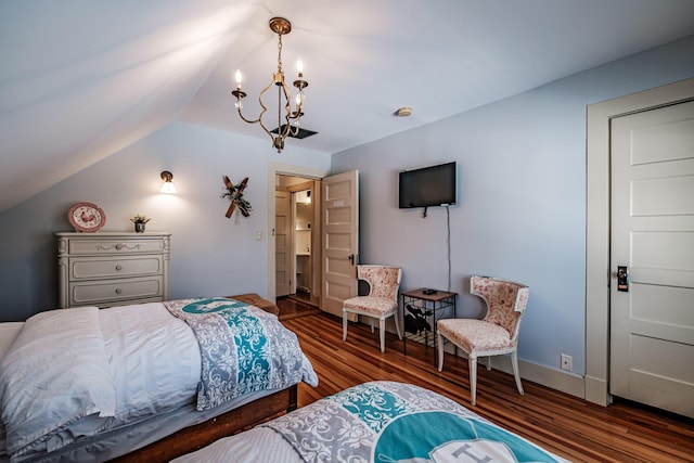 bedroom with lofted ceiling, a notable chandelier, baseboards, and dark wood-type flooring