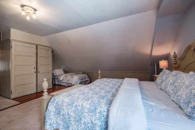 bedroom featuring vaulted ceiling, a closet, and wood finished floors