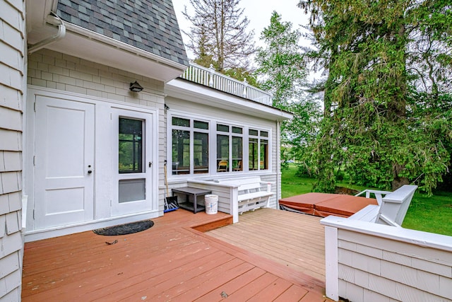67 Broad St, Bethel, ME 04217 - wooden terrace with a covered hot tub