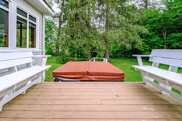 67 Broad St, Bethel, ME 04217 - wooden deck featuring a covered hot tub and a lawn