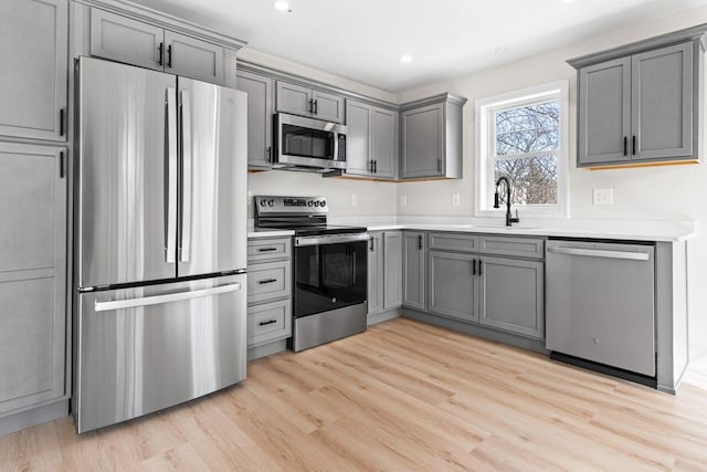 kitchen with a sink, light wood-style flooring, gray cabinetry, and stainless steel appliances