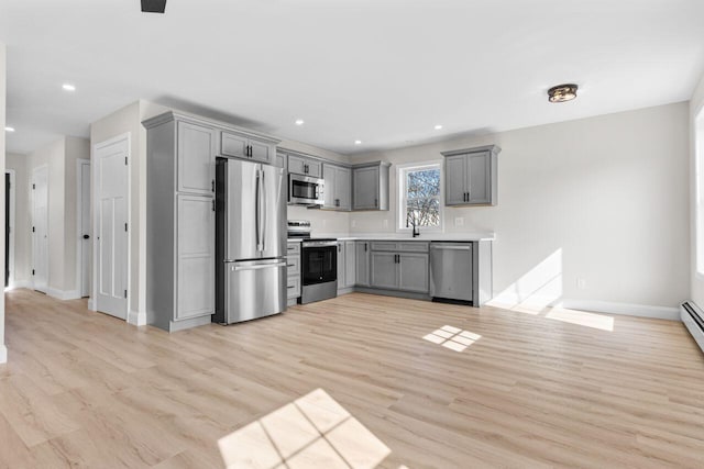 kitchen featuring light wood finished floors, gray cabinetry, baseboards, recessed lighting, and appliances with stainless steel finishes