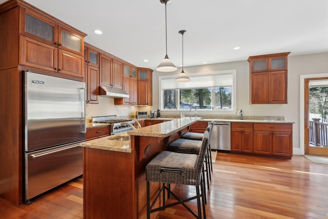 kitchen with premium appliances, an island with sink, light stone counters, glass insert cabinets, and pendant lighting