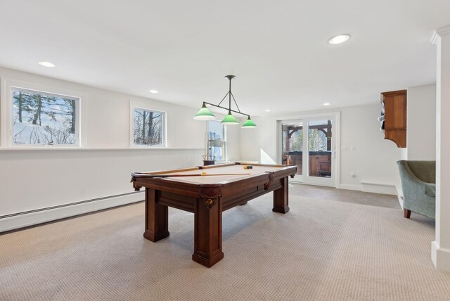 rec room with light colored carpet, recessed lighting, billiards, baseboards, and baseboard heating