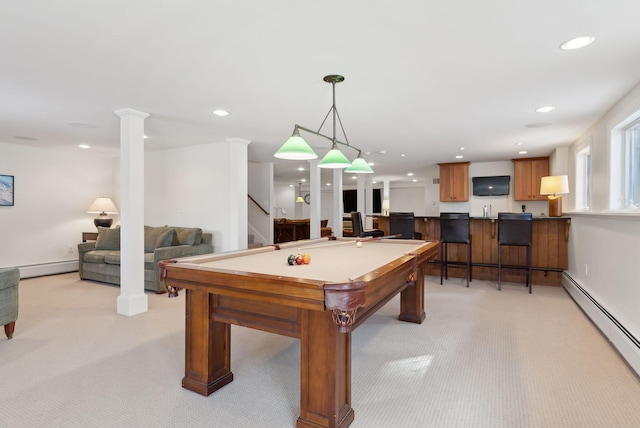 rec room featuring baseboard heating, recessed lighting, and light colored carpet