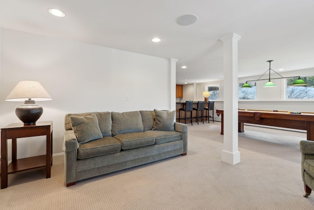 living area with light carpet, ornate columns, billiards, and recessed lighting