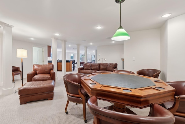 playroom featuring recessed lighting, light colored carpet, and ornate columns