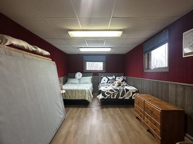 bedroom featuring a paneled ceiling, a wainscoted wall, and wood finished floors