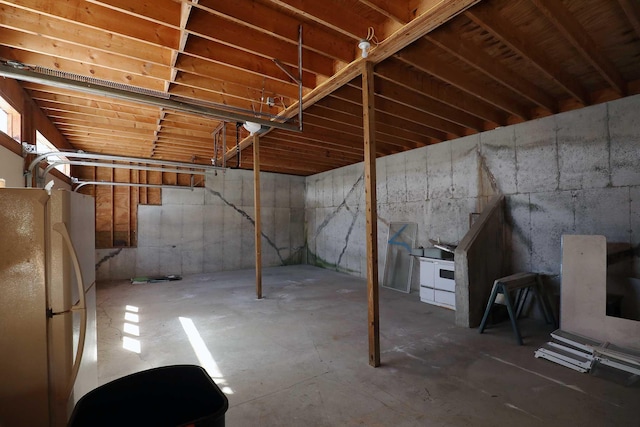 basement featuring freestanding refrigerator