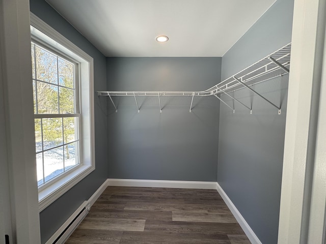 spacious closet featuring dark wood-style flooring and baseboard heating