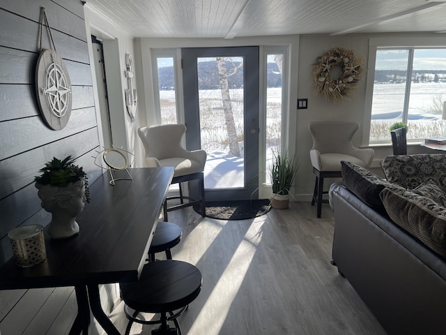 doorway to outside featuring wood finished floors and wood ceiling