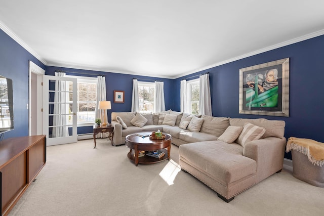 living room featuring carpet and crown molding