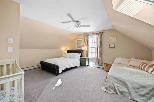 carpeted bedroom featuring lofted ceiling, ceiling fan, and baseboard heating