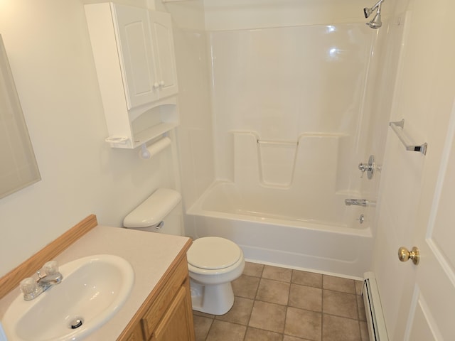 bathroom featuring toilet, a baseboard heating unit, washtub / shower combination, vanity, and tile patterned floors