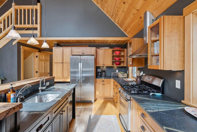 kitchen featuring appliances with stainless steel finishes, dark countertops, a sink, and wall chimney range hood