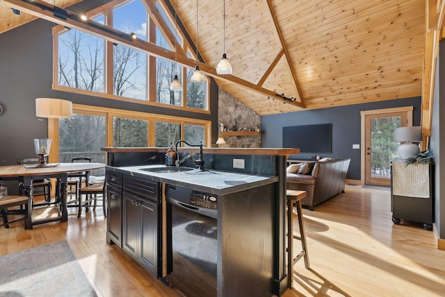 kitchen with light wood-style flooring, wood ceiling, open floor plan, a sink, and dishwasher