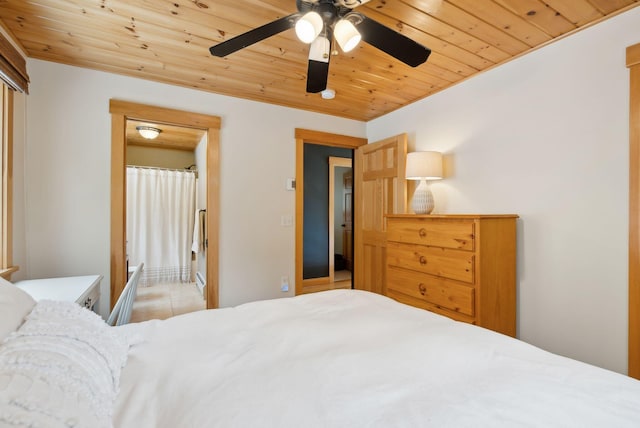 bedroom with a ceiling fan and wood ceiling